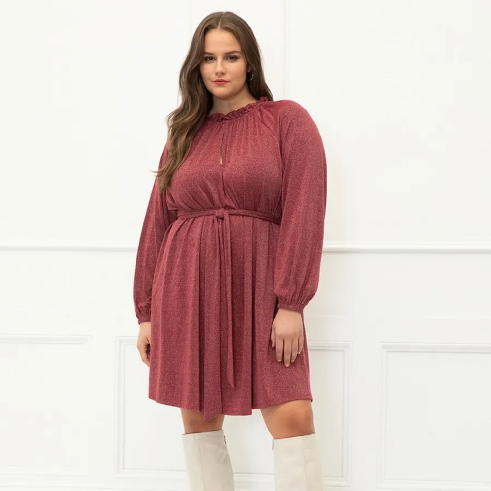 Eloquii Shimmer Easy Dress 22/24 Burgundy Red Long Sleeve Tie Waist 3X NEW